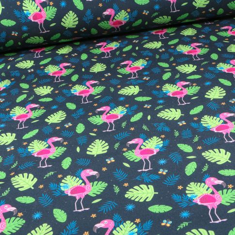 Tissu Softshell Flamants rose et feuilles sur fond Bleu marine