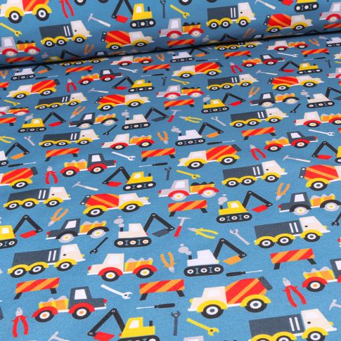 Tissu Softshell Transports BTP sur fond Bleu