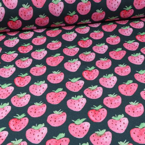 Tissu Softshell Fraises sur fond Noir