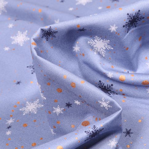 Tissu Coton imprimé Flocons de neige et étoiles sur fond Bleu ciel