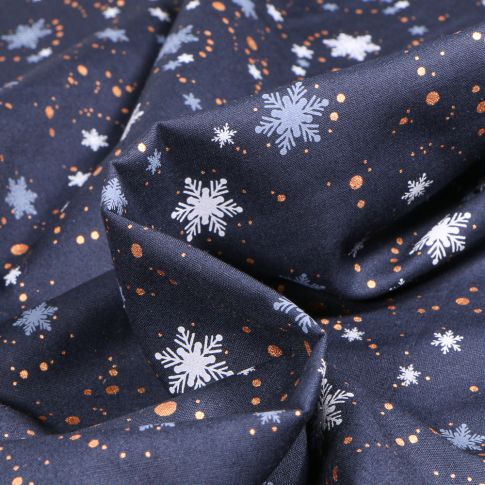 Tissu Coton imprimé Flocons de neige colorés sur fond Bleu marine