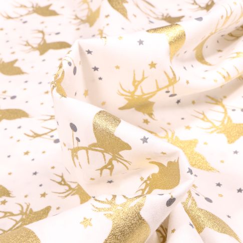 Tissu Coton imprimé Têtes de Cerf dorés sur fond Blanc