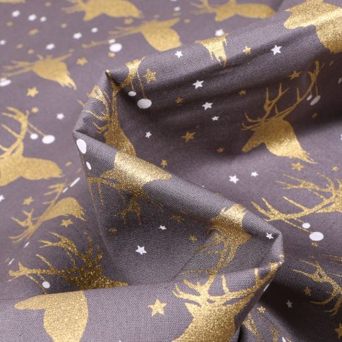Tissu Coton imprimé Têtes de Cerf dorés sur fond Gris