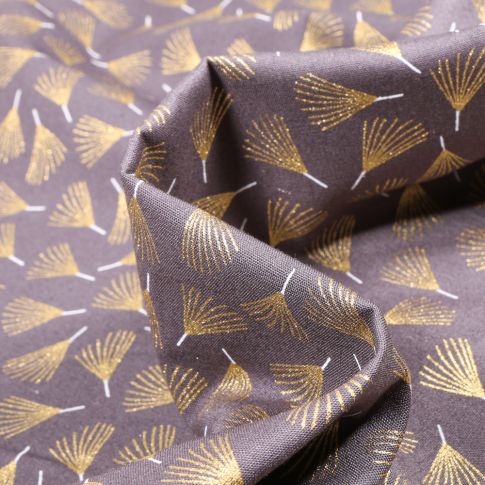 Tissu Coton imprimé Fleurs dorées sur fond Gris anthracite