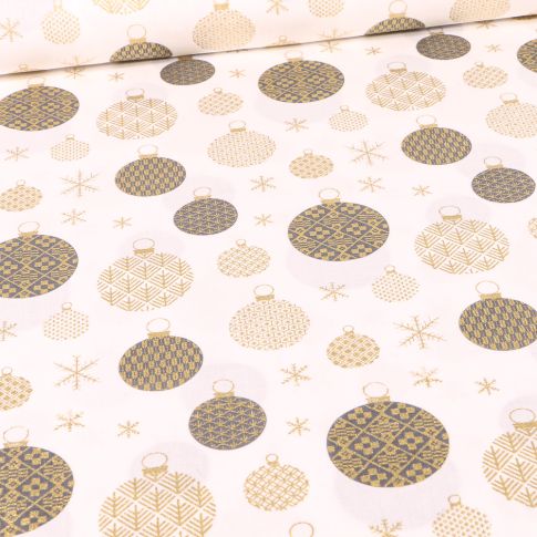 Tissu Coton imprimé Boules de décoration dorées noël sur fond Blanc cassé