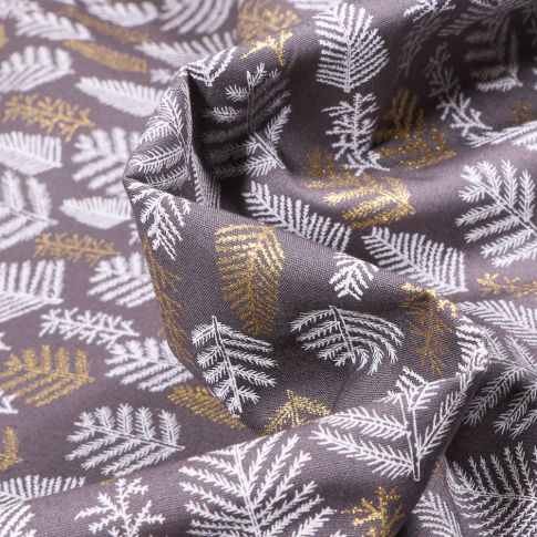 Tissu Coton imprimé Feuilles de sapins dorées et blanches sur fond Gris foncé