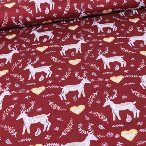 Tissu Coton imprimé Cerfs et cœurs dorés sur fond Bordeaux