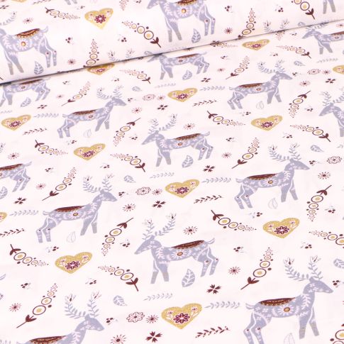 Tissu Coton imprimé Cerfs et cœurs dorés sur fond Blanc