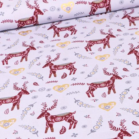 Tissu Coton imprimé Cerfs et cœurs dorés sur fond Gris