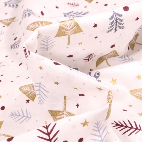 Tissu Coton imprimé Sapins dorés et argentés sur fond Blanc cassé