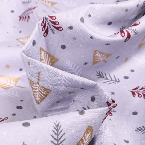 Tissu Coton imprimé Sapins dorés et argentés sur fond Gris