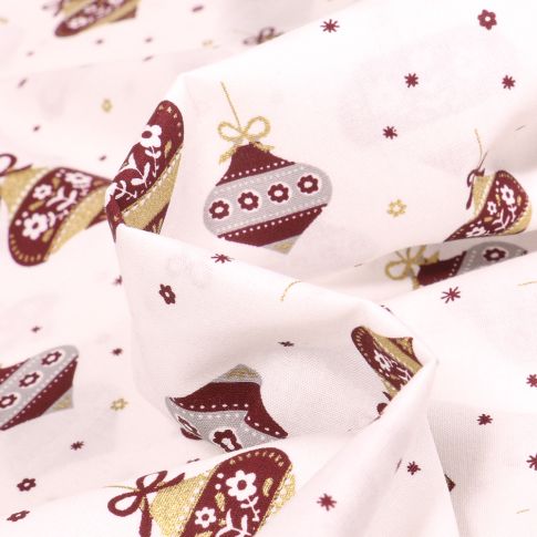 Tissu Coton imprimé Boules de décoration noël sur fond Blanc cassé