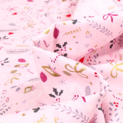 Tissu Coton imprimé Oiseaux et nœuds dorés sur fond Rose