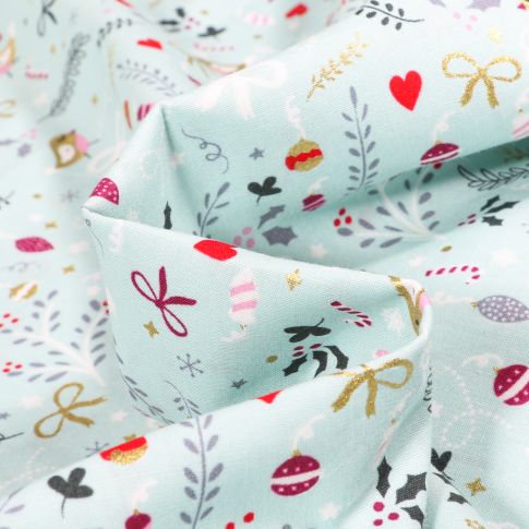 Tissu Coton imprimé Oiseaux et nœuds dorés sur fond Vert menthe
