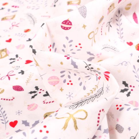 Tissu Coton imprimé Oiseaux et nœuds dorés sur fond Blanc cassé