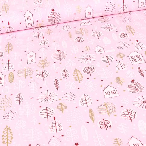 Tissu Coton imprimé Maison et feuilles dorées sur fond Rose