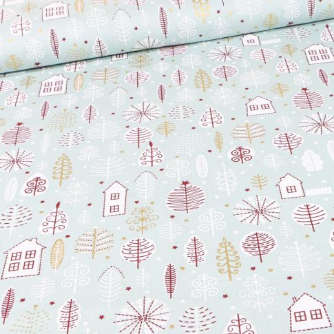 Tissu Coton imprimé Maison et feuilles dorées sur fond Vert menthe