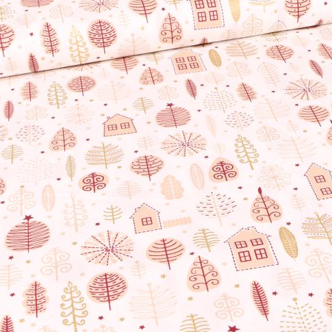Tissu Coton imprimé Maison et feuilles dorées sur fond Blanc cassé