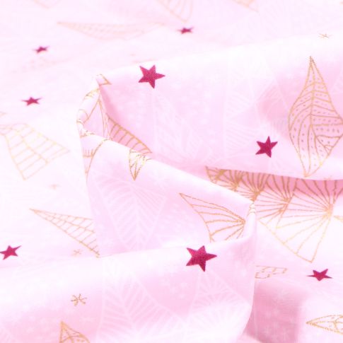 Tissu Coton imprimé Sapins stylisé dorés sur fond Rose