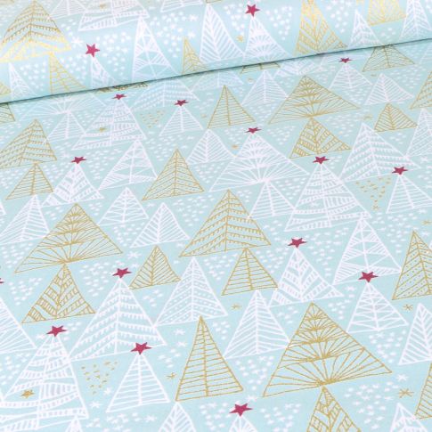 Tissu Coton imprimé Sapins stylisé dorés sur fond Vert menthe clair
