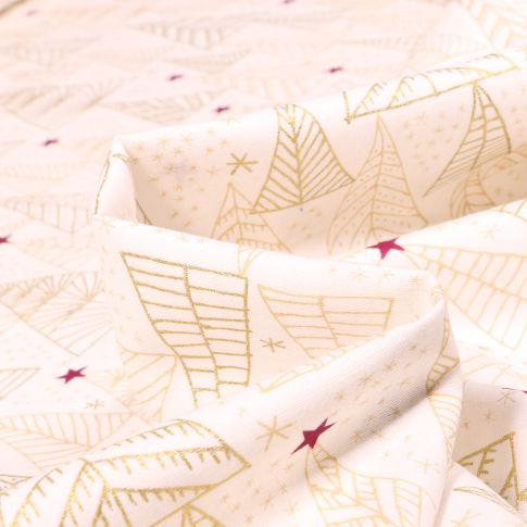 Tissu Coton imprimé Sapins stylisé dorés sur fond Blanc cassé