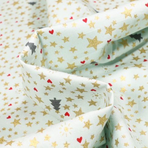 Tissu Coton imprimé Sapins et étoiles dorées sur fond Vert menthe