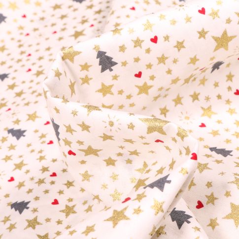 Tissu Coton imprimé Sapins et étoiles dorées sur fond Blanc cassé