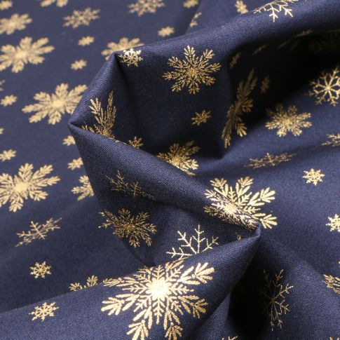 Tissu Coton imprimé Flocons de neige dorés sur fond Bleu nuit