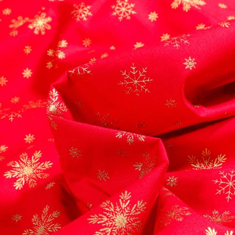 Tissu Coton imprimé Flocons de neige dorés sur fond Rouge