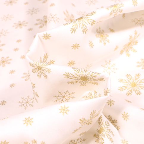Tissu Coton imprimé Flocons de neige dorés sur fond Blanc