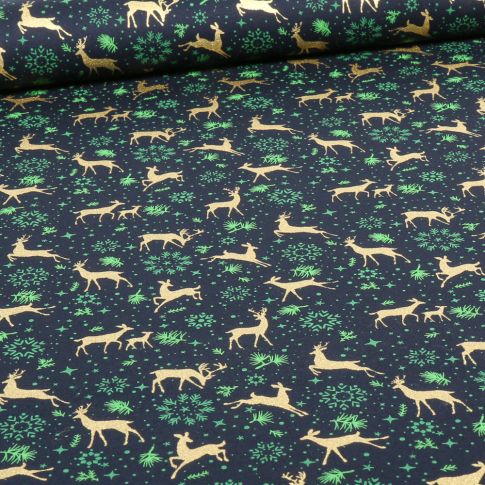 Tissu Coton imprimé Cerfs & biches dorés sur fond Bleu marine