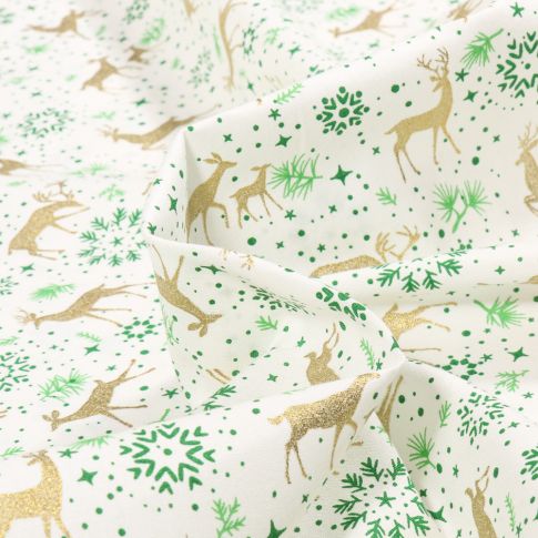 Tissu Coton imprimé Cerfs & biches dorés sur fond Blanc cassé