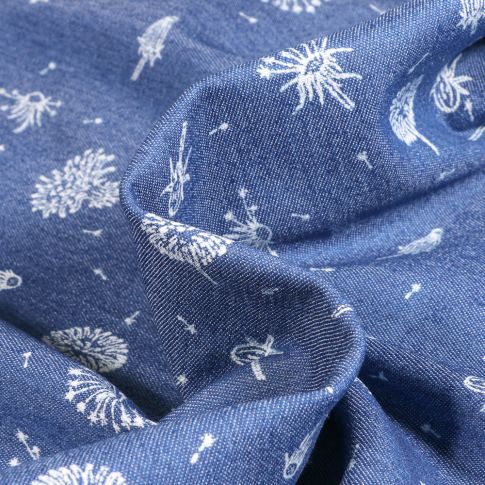 Tissu Jean Denim extensible Pissenlits et pétales sur fond Bleu denim