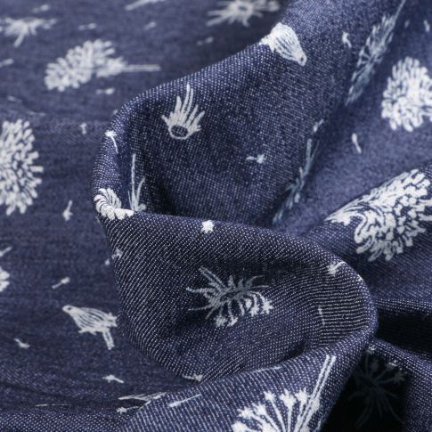 Tissu Jean Denim extensible Pissenlits et pétales sur fond Bleu nuit