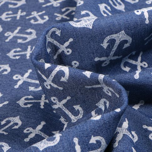Tissu Chambray Ancres marine blanches sur fond Bleu