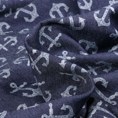 Tissu Chambray Ancres marine blanches sur fond Bleu nuit