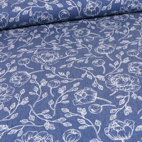 Tissu Jean Denim extensible Pivoines sur fond Bleu denim