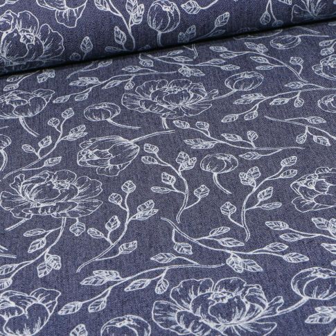 Tissu Jean Denim extensible Pivoines sur fond Bleu nuit