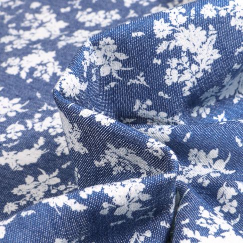 Tissu Chambray Fleurista sur fond Bleu denim