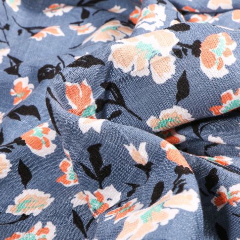 Tissu Viscose texturé Florista sur fond Bleu denim