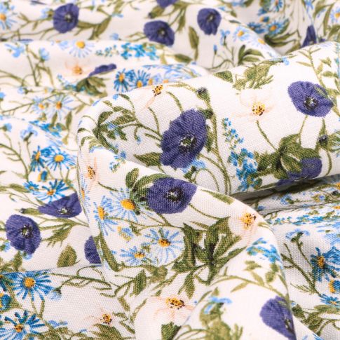 Tissu Viscose texturé Fleurs des champs violine sur fond Blanc cassé