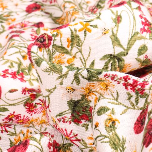 Tissu Viscose texturé Fleurs des champs rouge sur fond Blanc cassé