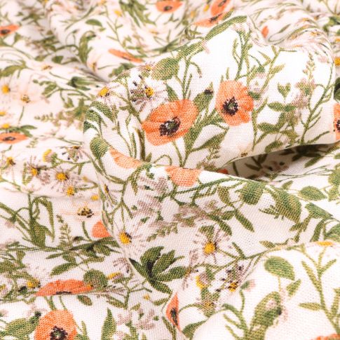Tissu Viscose texturé Fleurs des champs orange sur fond Blanc cassé