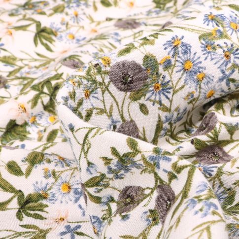 Tissu Viscose texturé Fleurs des champs gris sur fond Blanc cassé