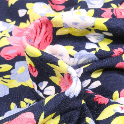 Tissu Jersey Viscose  Rosye sur fond Bleu marine