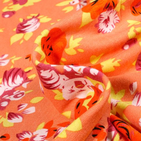 Tissu Jersey Viscose  Rosye sur fond Orange