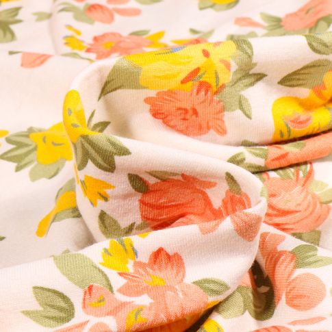 Tissu Jersey Viscose  Rosye sur fond Blanc cassé