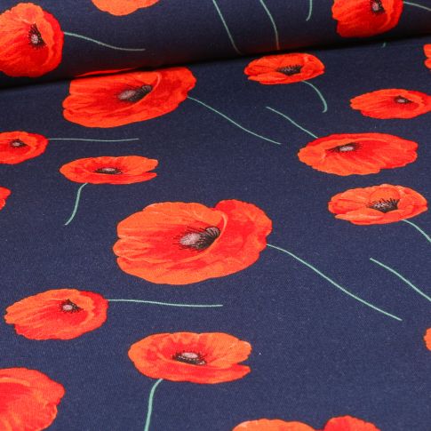 Tissu Jersey Viscose Coquelicots sur fond Bleu marine