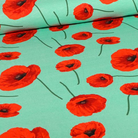 Tissu Jersey Viscose Coquelicots sur fond Vert menthe