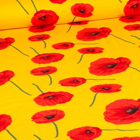 Tissu Jersey Viscose Coquelicots sur fond Jaune
